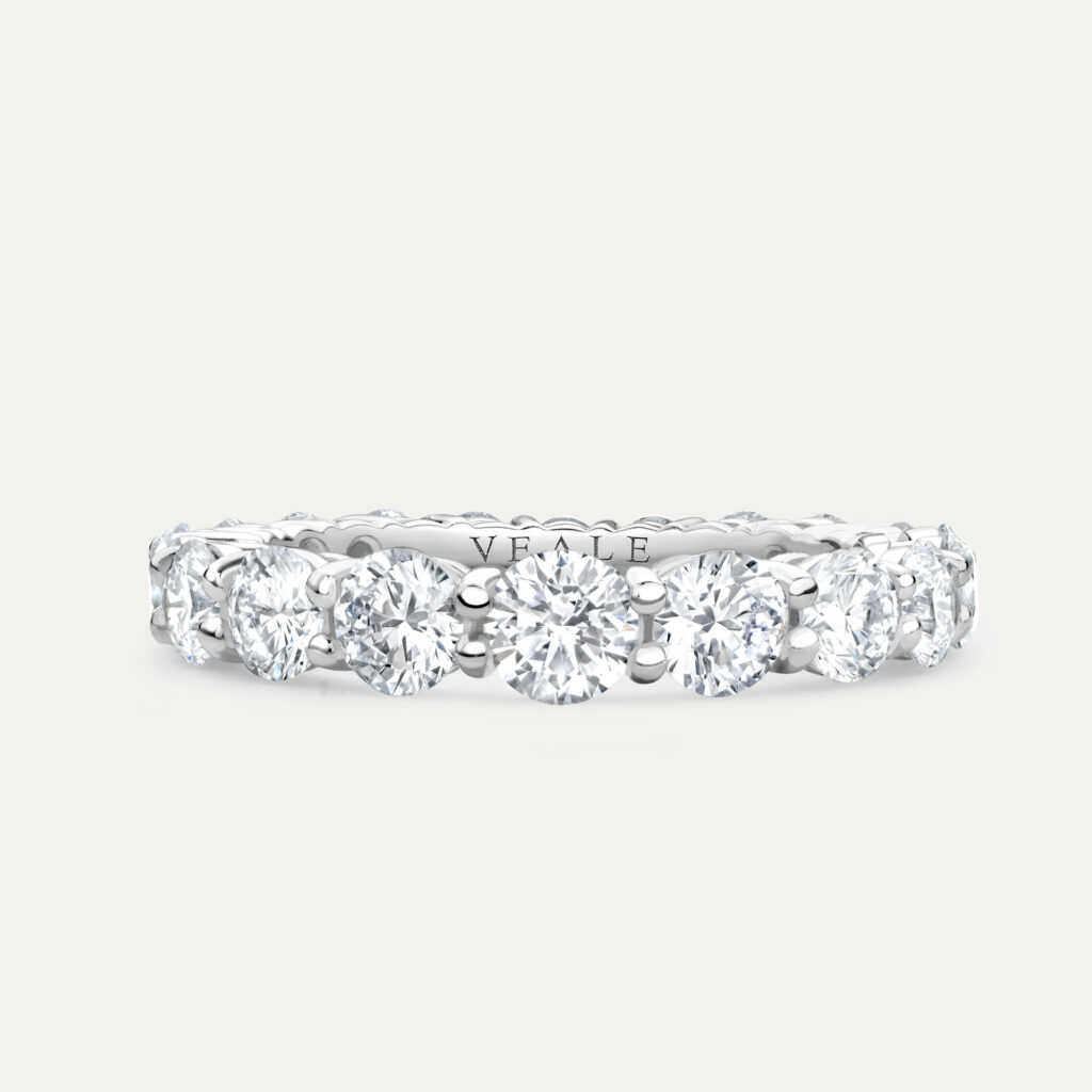 Front view of full eternity ring with graduated round diamonds