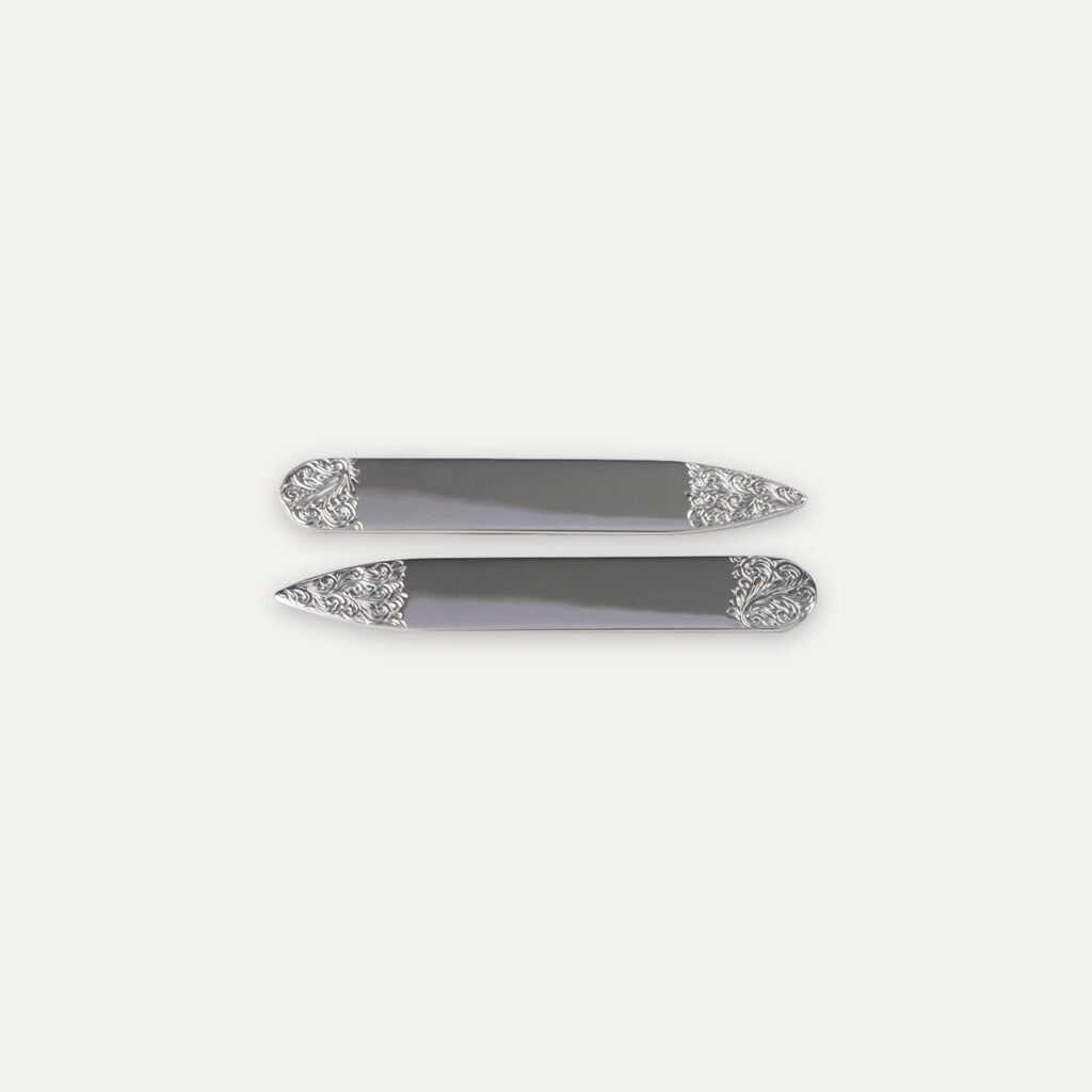 Hand engraved collar stiffeners in sterling silver sporting countryside gift