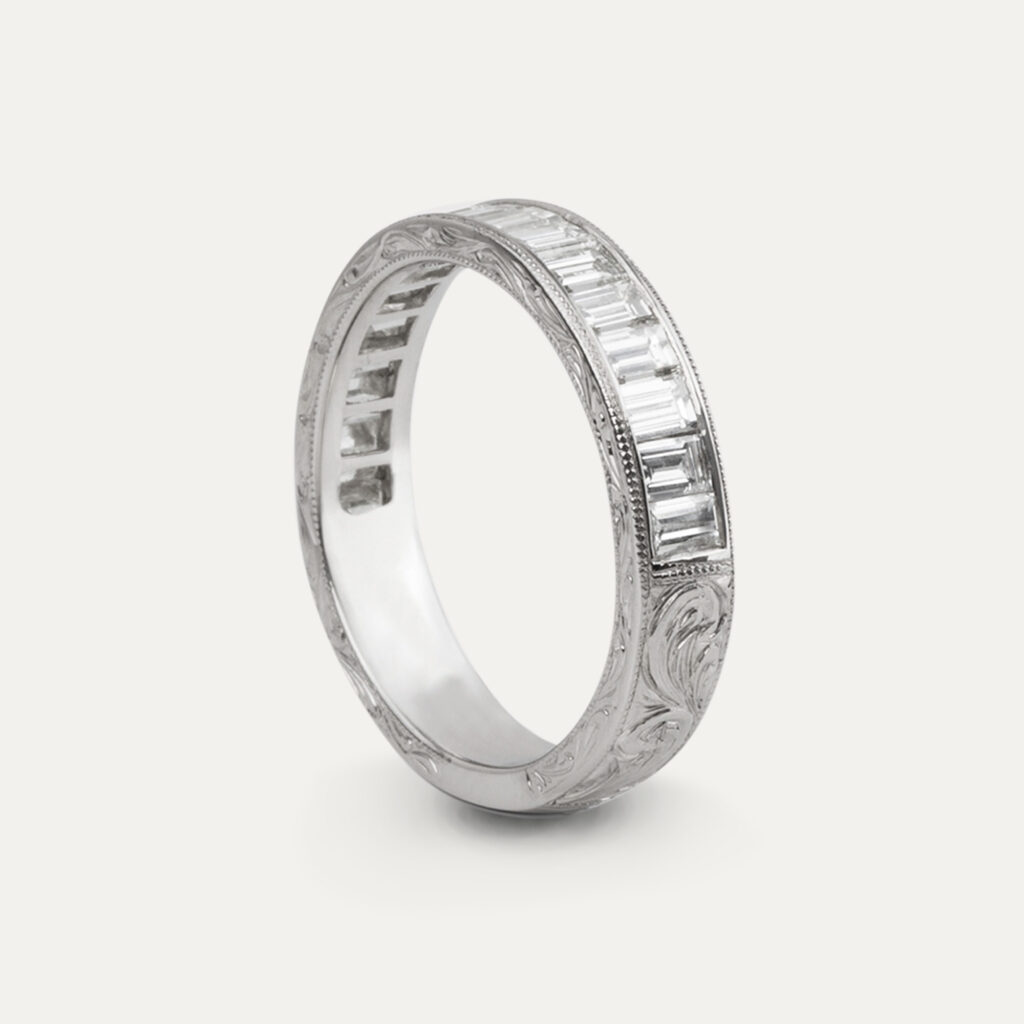 Hand Engraved Baguette Cut Diamond Eternity Ring
