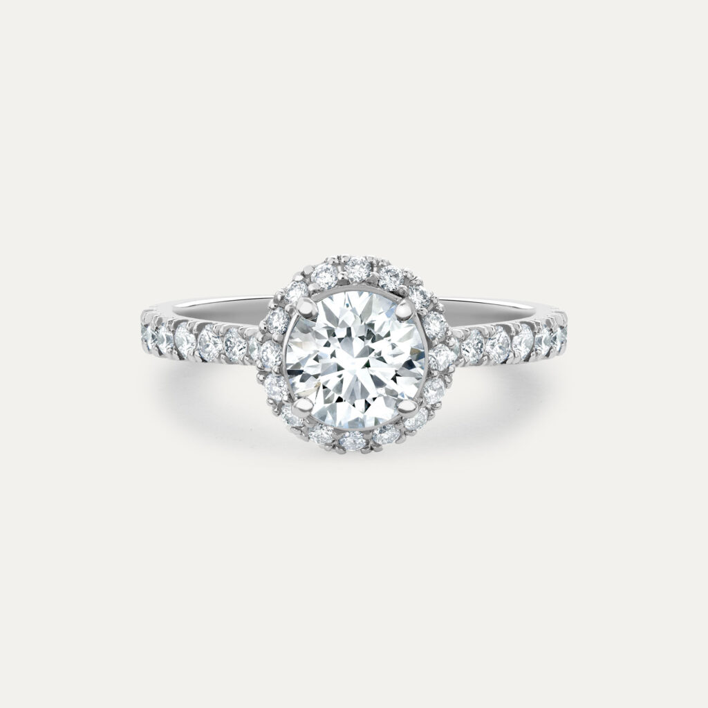 Round halo engagement ring front view