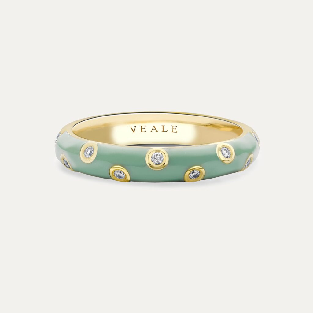 forest green stacking ring with diamonds, made in yellow gold and a light green fine enamel