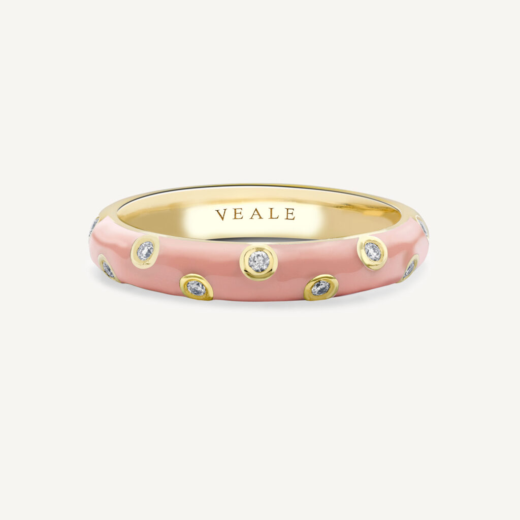 plush pink stacking ring with nine diamonds, made in yellow gold with pink enamel