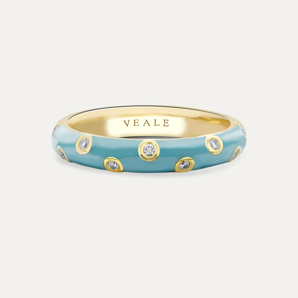 powder blue stacking ring with diamonds, made in yellow gold and fine enamel in light blue