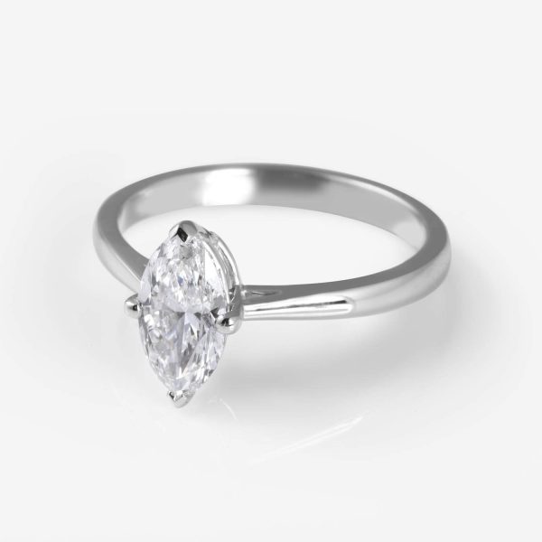 Marquise-cut diamond solitaire set in a 4-claw platinum setting, a classic and timeless choice for an elegant engagement ring.