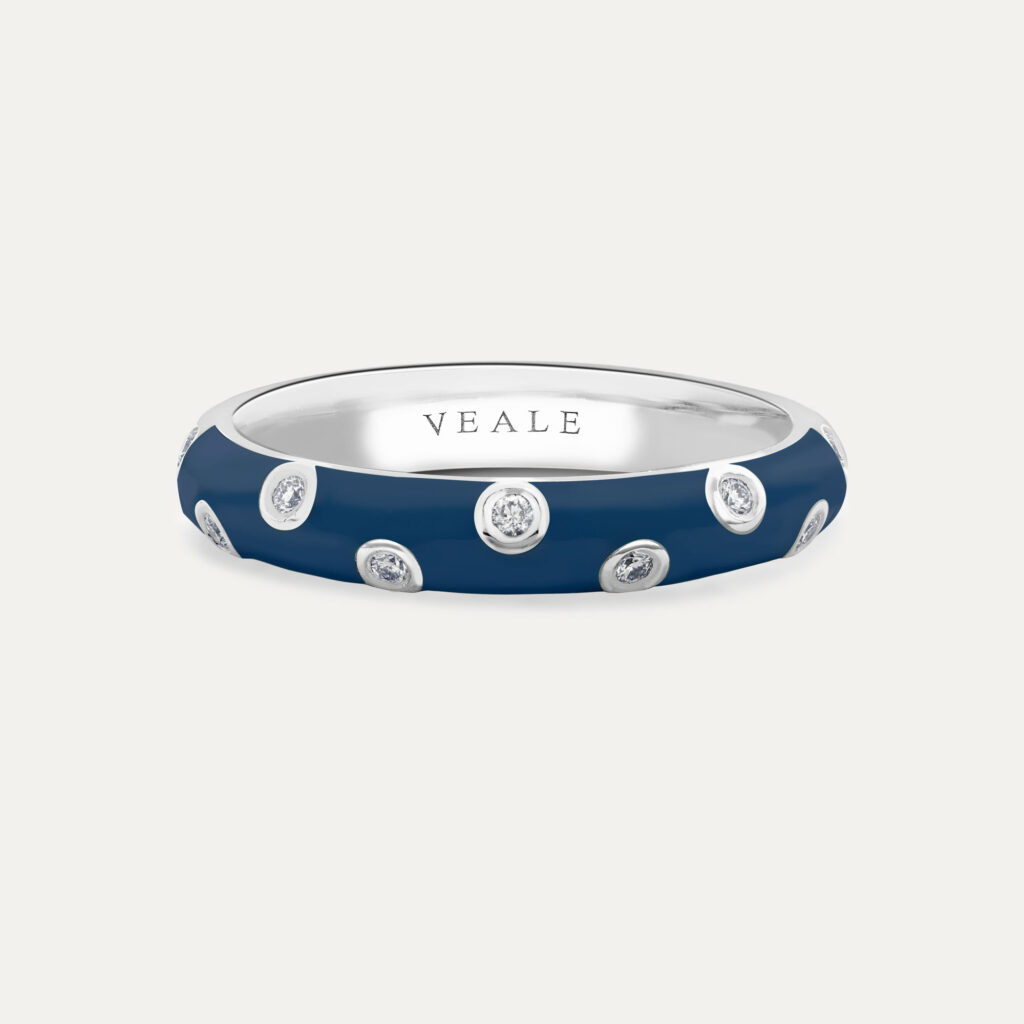 midnight navy stacking ring with diamonds, made in yellow gold with navy enamel