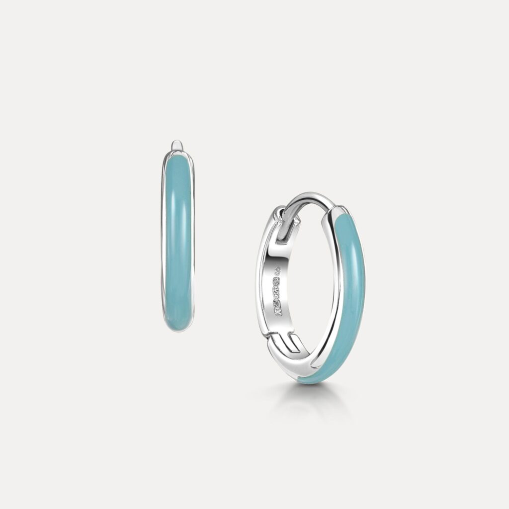 Blue Enamel Huggie Hoop Earrings in platinum | Veale Fine Jewellery