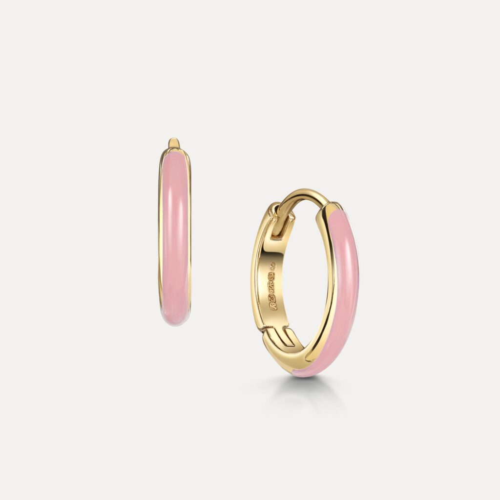 Pink Enamel Huggie Hoop Earrings in 18k Gold | Veale Fine Jewellery