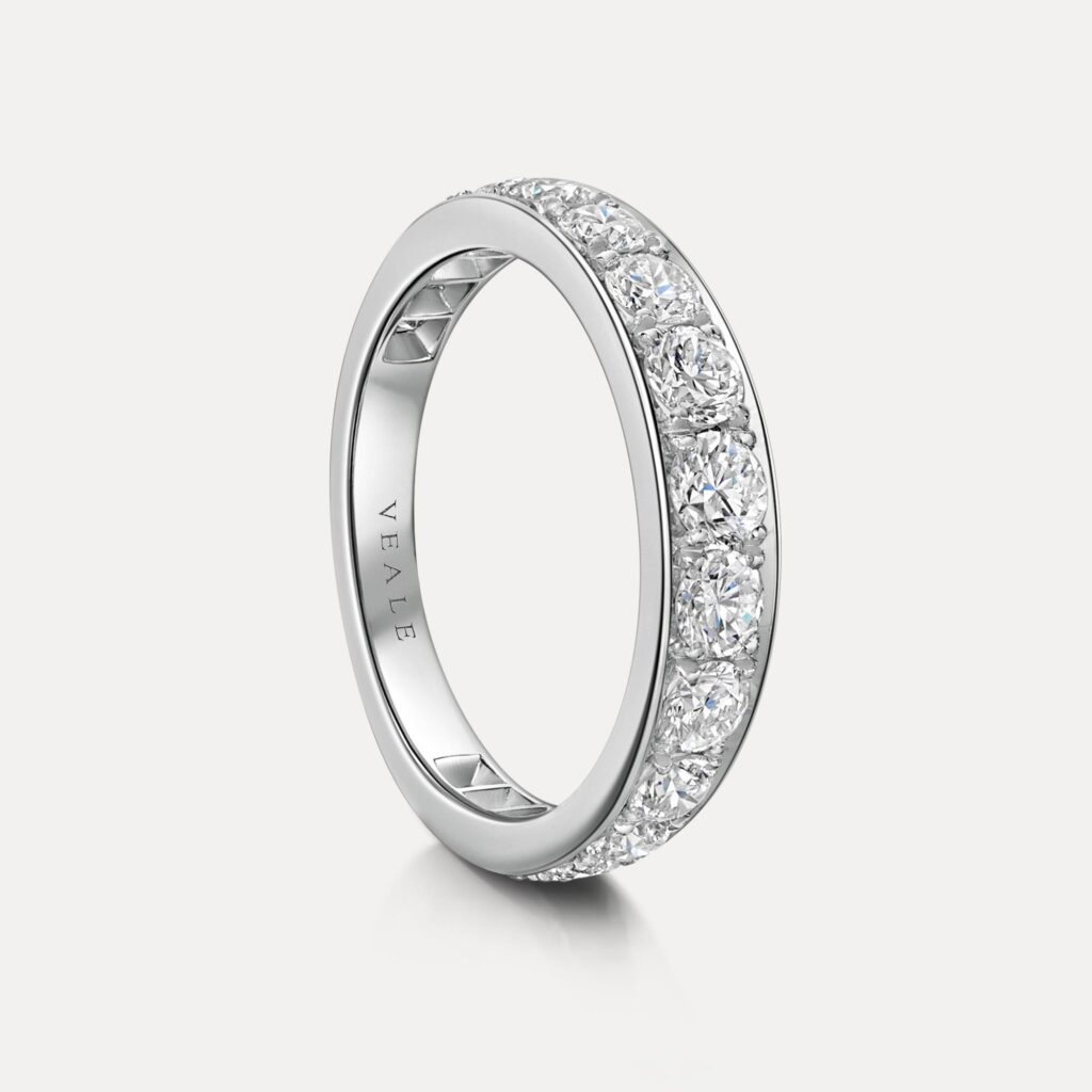 Side profile of pavé set diamond eternity ring