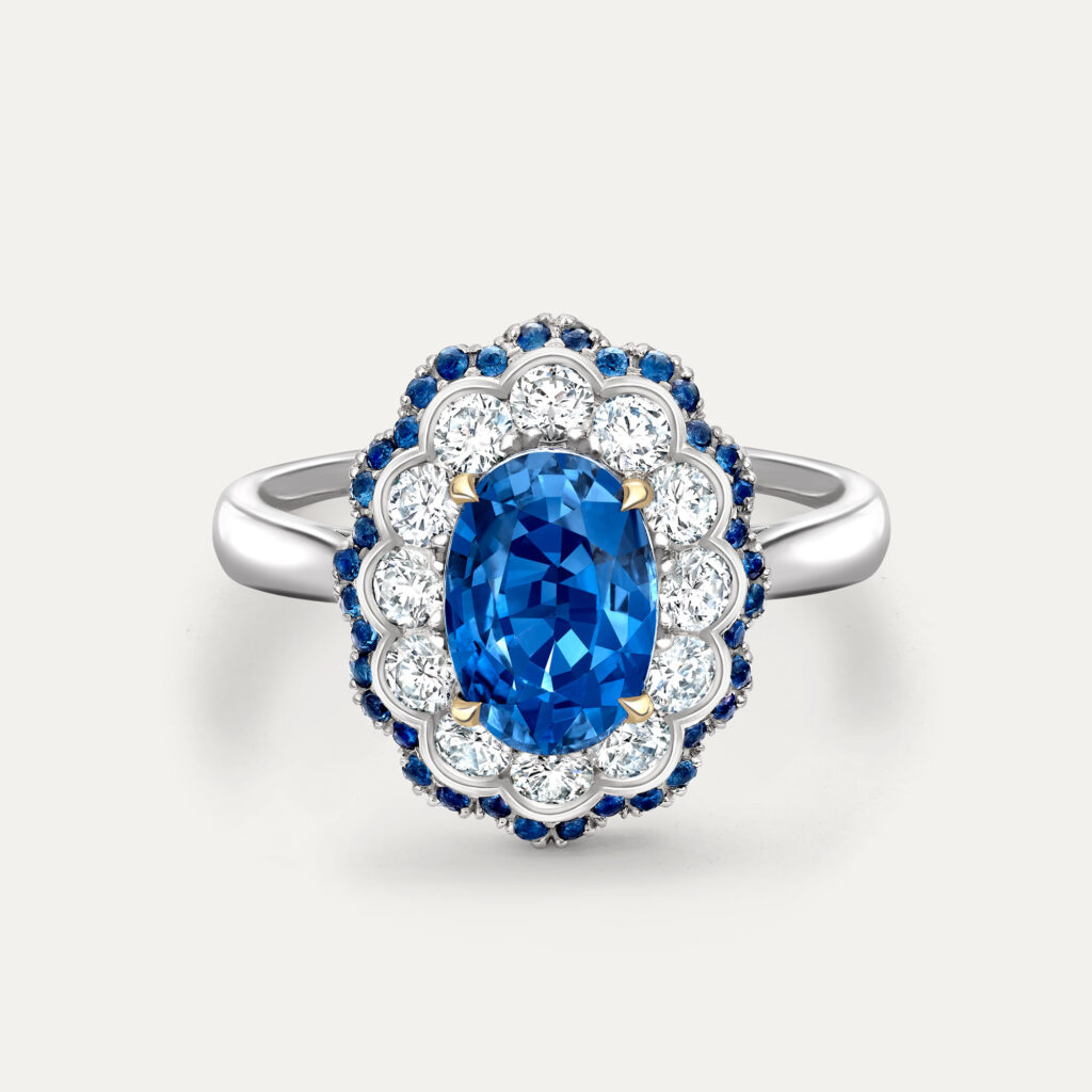 Blue sapphire halo engagement ring