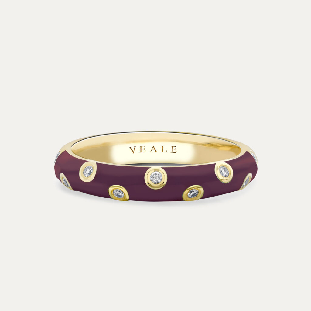 autumn plum stacking ring with diamonds, made in yellow gold and fine enamel