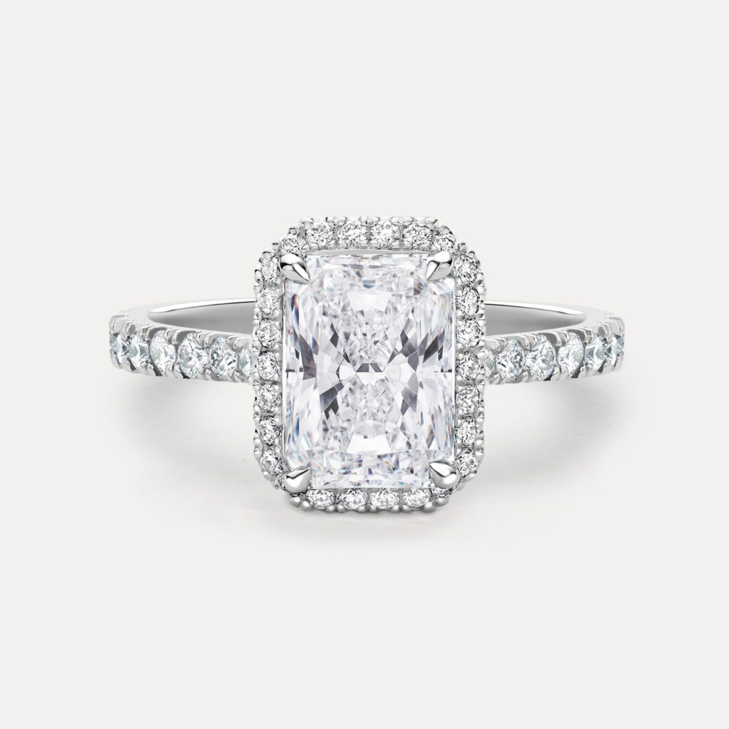 Radiant Cut Halo Engagement Ring front view showing rectangular shape diamond