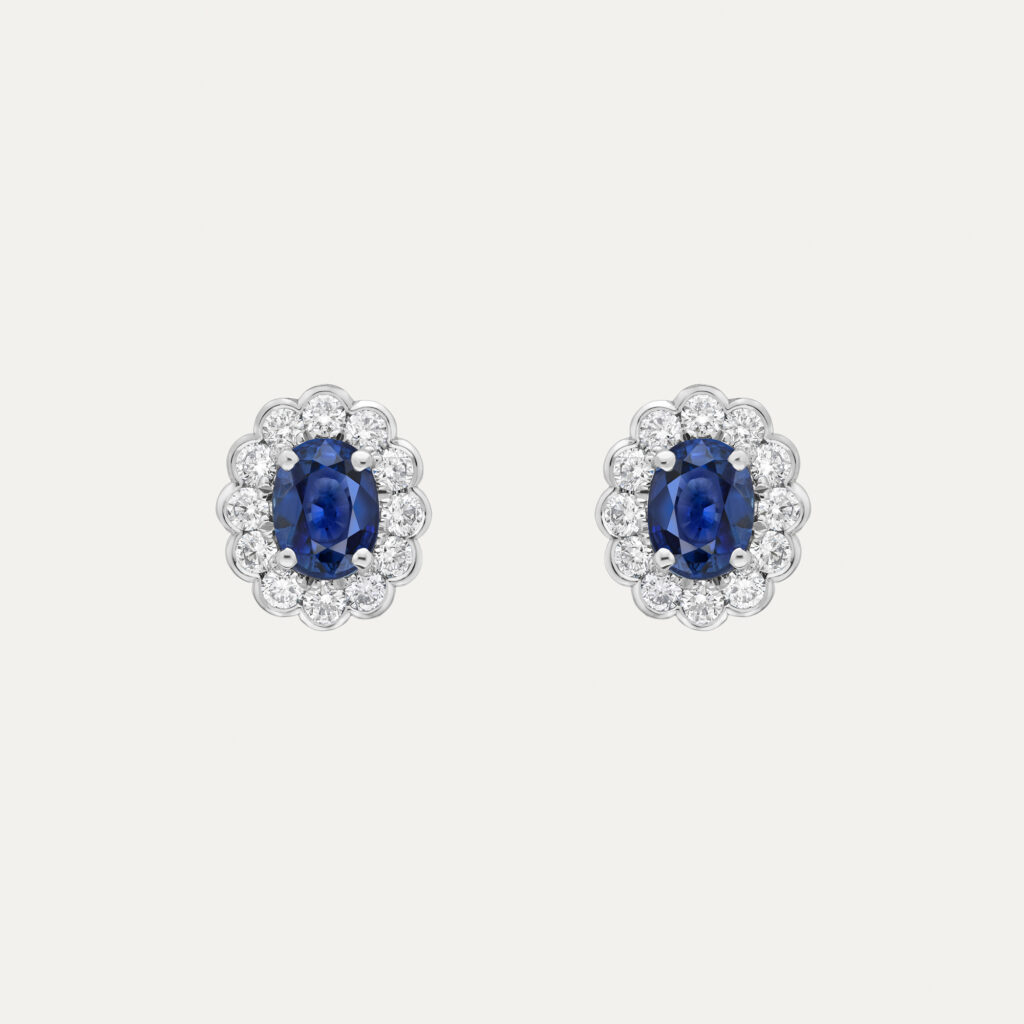 Our Kennsington Sapphire and diamond stud earrings similar to Kate Middleton engagement ring by Veale fine Jewellery