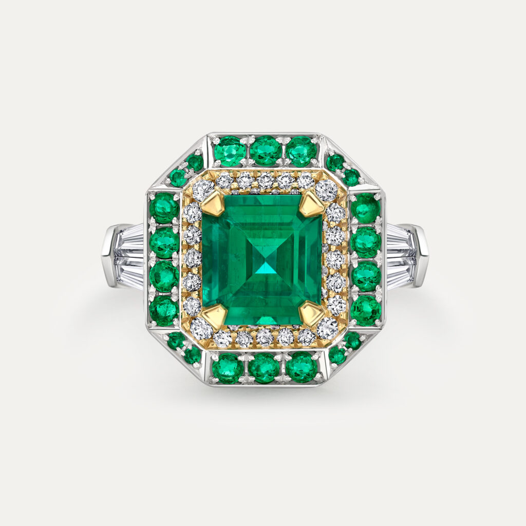 Emerald and diamond ring front view